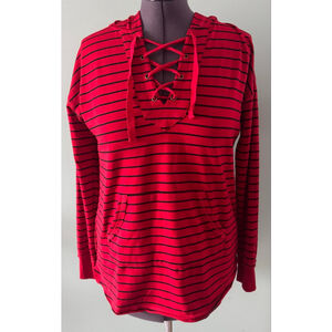 Women's Maurices Hoodie Size M Red Black Striped Lace-Up
